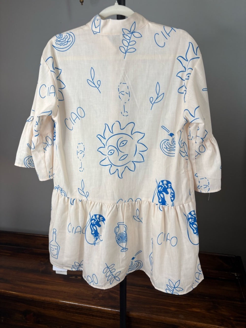 Cream Button-Front Tunic Dress with Blue Sun Print - Picture 3 of 6